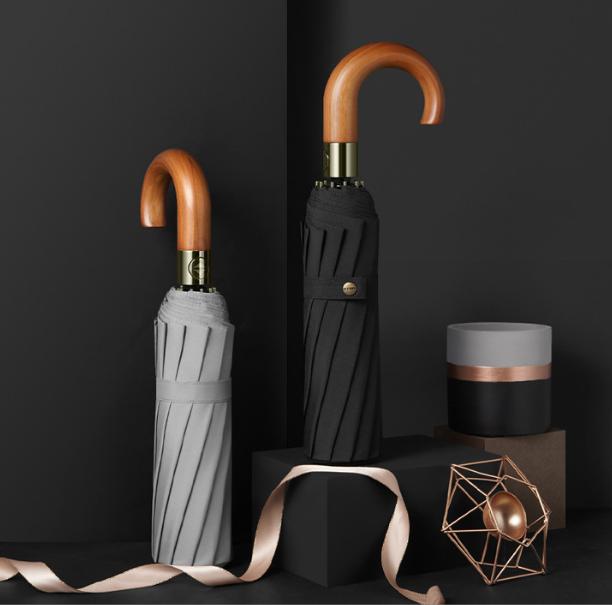 Three-Fold Umbrella with Wooden Handle