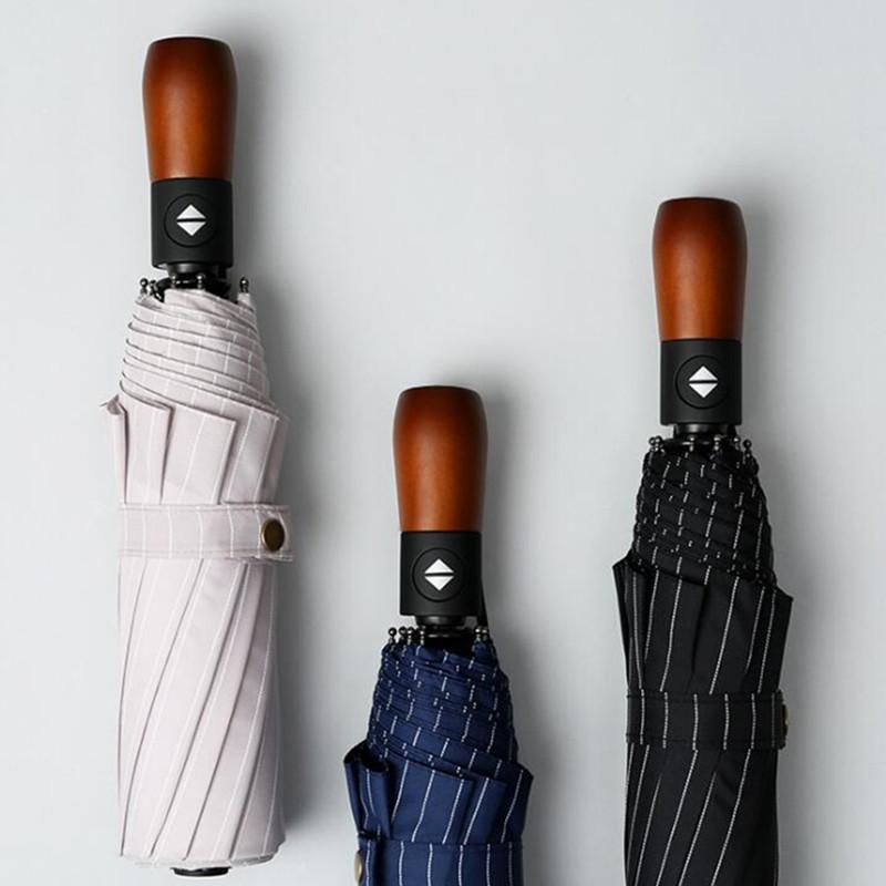 Three-Fold Umbrella With Wooden Handle